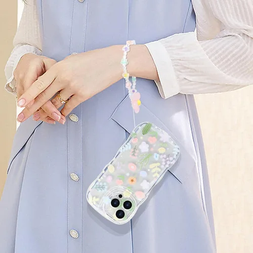 Vista 4 de Funda transparente compatible con iPhone 14 Pro, marco ondulado rizado, forma de encaje floral, TPU delgada, protección de cámara, funda