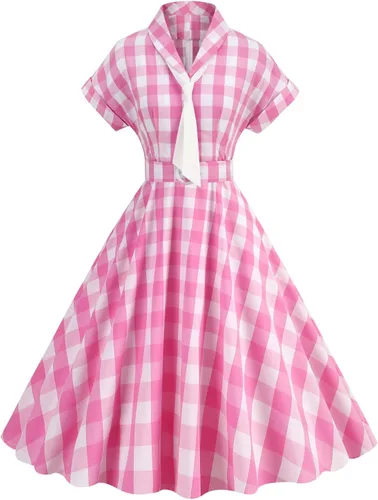 Vista 2 de AWIBMK Vestido de cuadros rosa vintage para mujer, de los años 50, 50, a cuadros, Halloween, cosplay, cintura imperio, vestidos de té