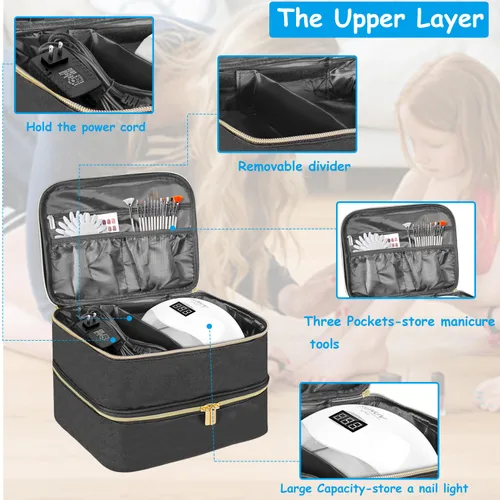 Vista 3 de Estuche de transporte de esmalte de uñas, bolsa de almacenamiento de esmalte de uñas de doble capa, se adapta a lámpara secadora de uñas y 30 Negro