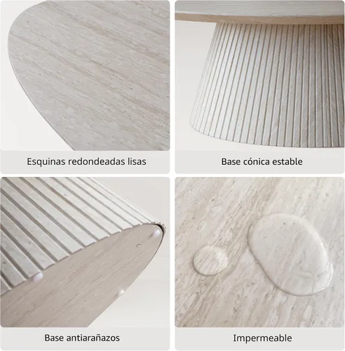 Vista 4 de win2win Mesa auxiliar ovalada, moderna mesa de centro de piedra sintética con diseño estriado, mesa central de travertino con base cónica, mesa