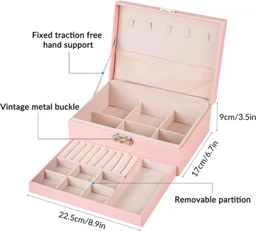 Vista 4 de Caja de joyería de 2 capas organizador de cuero sintético organizador de joyería de viaje con bandeja extraíble y caja de almacenamiento de collar