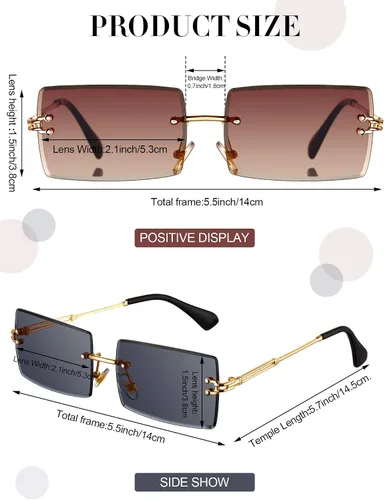 Vista 3 de 8 pares de lentes de sol rectangulares sin montura vintage con lente tintada metal dorado sin marco gafas de sol para mujeres y hombres Oro