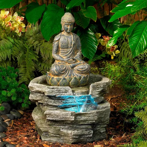 Vista 9 de Buda meditando de 24" de alto, fuente de piso de resina grande Zen Asiático para interiores y exteriores con luz LED, fuente de burbujas de agua