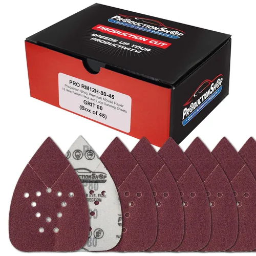 Vista 2 de ProductionShop Hojas de papel de lija premium para lijadora de detalle con patrón de ratón de 12 agujeros, paquete variado de 50 discos, granos 40