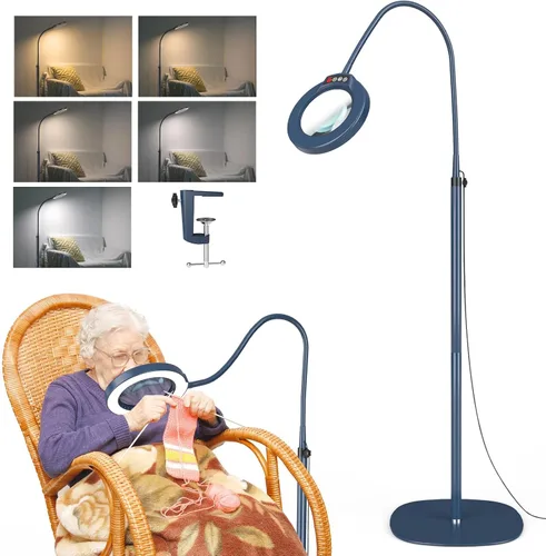 Vista 9 de Lupa 10X con luz y soporte, lámpara de pie flexible de cuello de cisne de 24 pulgadas, LED 3 en 1, 5 modos de color, lupa iluminada regulable sin