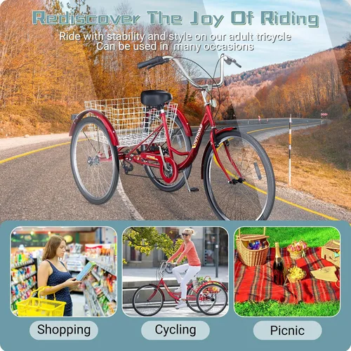 Vista 7 de Triciclo de 7 velocidades para adultos, triciclo Cruiser de 24 pulgadas con cesta grande para mujeres, hombres y personas mayores, bicicleta de 3