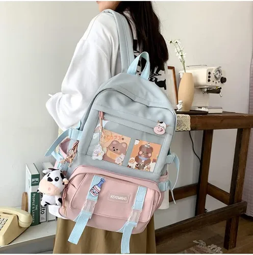 Vista 4 de Mochila Kawaii con bonitos alfileres y colgante de felpa para adolescentes niñas escuela gran capacidad impermeable mochila escolar Rosa-1