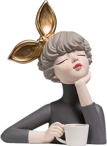 Vista 4 de Figura decorativa de resina para niña, adorno creativo, esculturas y estatuas para el hogar, oficina, sala de estar, mesa, lazo con verde manzana