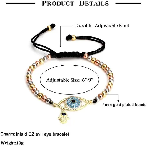 Vista 3 de LJWVX Pulsera de cuentas chapada en oro de 0.157in para mujer, ajustable, trenzada, mano de Hamsa para protección