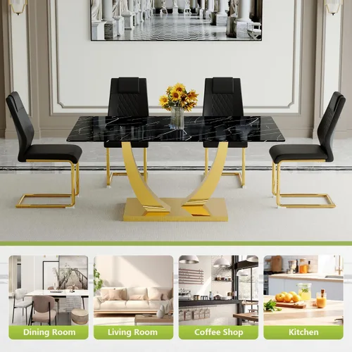 Vista 9 de Juego de mesa de comedor negra para 4, 63 x 35.4 x 30 pulgadas, mesa de comedor moderna rectangular con patas y base de acero inoxidable, sillas
