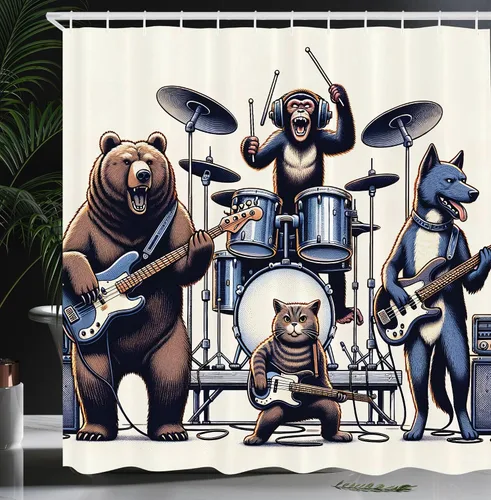 Vista 17 de Ambesonne Cortina de ducha con banda de animales, mono de concierto caprichoso con teclado, oso, guitarrista, gato, juego de decoración de baño