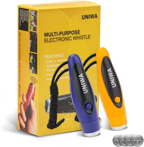 Vista 7 de UNIWA Silbatos electrónicos, 2 unidades de silbato de mano de 3 tonos de alto volumen con cordón para profesor, entrenador, árbitro, silbato