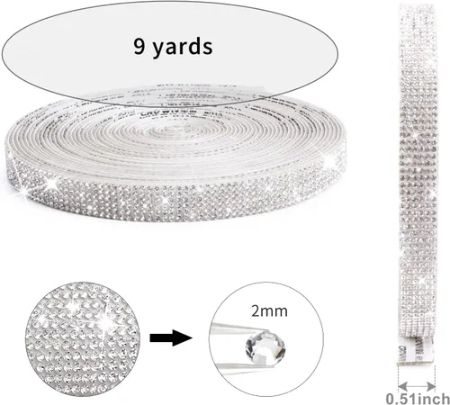 Vista 7 de Cinta autoadhesiva de diamantes de imitación de cristal, tiras plateadas y coloridas, 9 yardas, rollo de cinta de diamantes de imitación