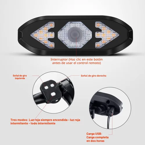 Vista 2 de Luz trasera para bicicleta con intermitentes, control remoto inalámbrico, impermeable, luz trasera para bicicleta, recargable por USB, ultra