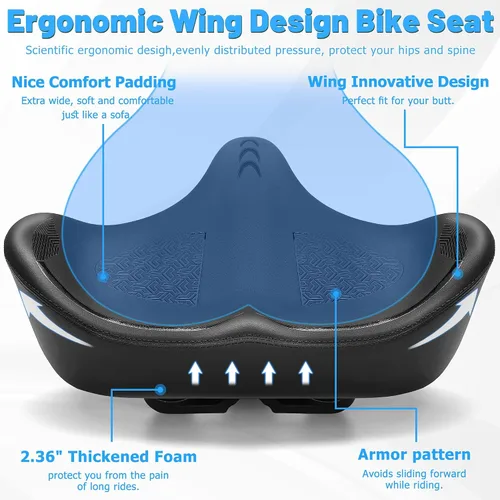 Vista 4 de CDYWD Asiento de bicicleta de gran tamaño para hombres y mujeres, cojín de asiento de bicicleta extra ancho, cómodo acolchado de ala, sillín