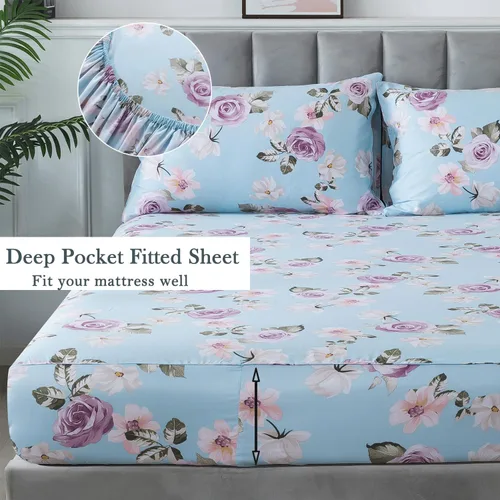 Vista 3 de FADFAY Juego de sábanas tamaño King, sábanas de algodón percal rosa floral con bolsillo profundo, ropa de cama vintage lujosa azul con estampado