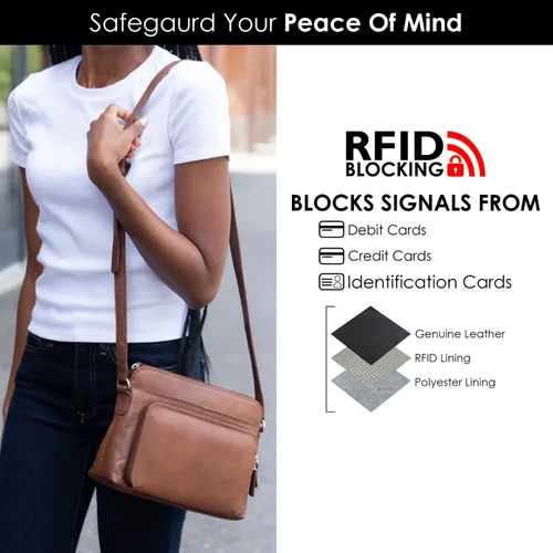 Vista 7 de ili New York Bolsos cruzados de cuero genuino para mujer, organizador de hombro con bloqueo RFID de primera calidad con correa ajustable