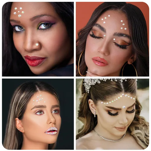 Vista 5 de 4 hojas de calcomanías de diamantes de imitación de gemas para la cara, cristales autoadhesivos para maquillaje, pequeñas gemas acrílicas adhesivas