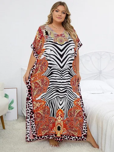 Vista 7 de Vestido de caftán de leopardo para mujer, cuello en V, manga murciélago, estampado de flores de animales, caftán 1066