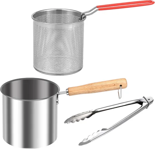 Vista 9 de Olla de freidora estadounidense con cesta coladora, olla profunda de acero inoxidable con tapa de asa, mini freidora de aceite portátil, contenedor