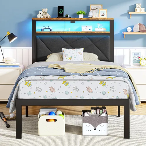 Vista 10 de ChicZhiNest Marco de cama tamaño Twin con estación de carga y luces LED, cama de plataforma de metal con cabecera de madera y estante