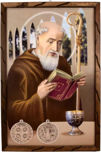 Vista 9 de Mrcjsales - San Benito en marco rústico, pintura al óleo, 24 x 36 pulgadas, 13 x 18 pulgadas, 10 x 12 pulgadas, imagen de arte religioso, San