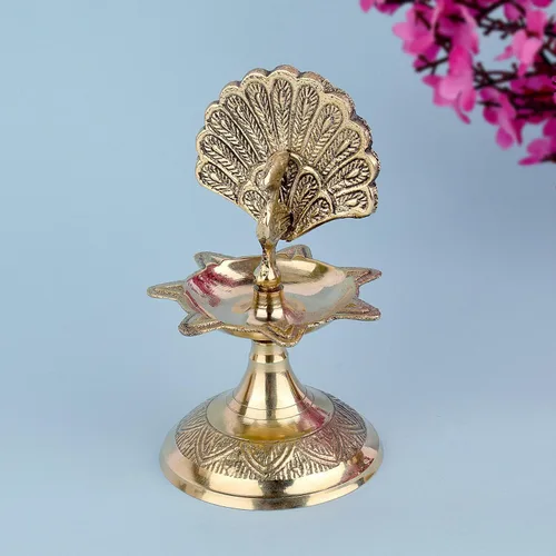 Vista 2 de SATVIK - Lámpara de aceite tradicional de latón virgen puro de 4 pulgadas, pavo real, kerala, samai, puja diya, lámpara de aceite tradicional