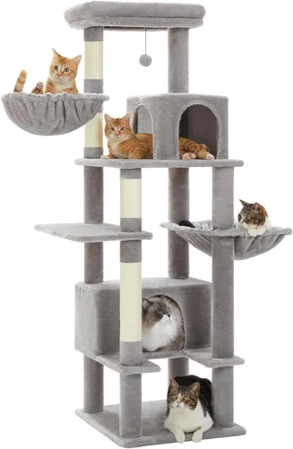 Vista 9 de PEQULTI Árbol para gatos de interior de 66 pulgadas, torre grande para gatos con poste rascador cubierto de sisal, hamaca de metal súper grande