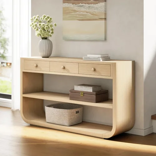 Vista 26 de 50" Modern Art Sculptural Console Table, Oval Cutout Legs, Wood Veneer, Thick Rounded Tabletop, Contemporary Entryway Sofa Table for Living Room