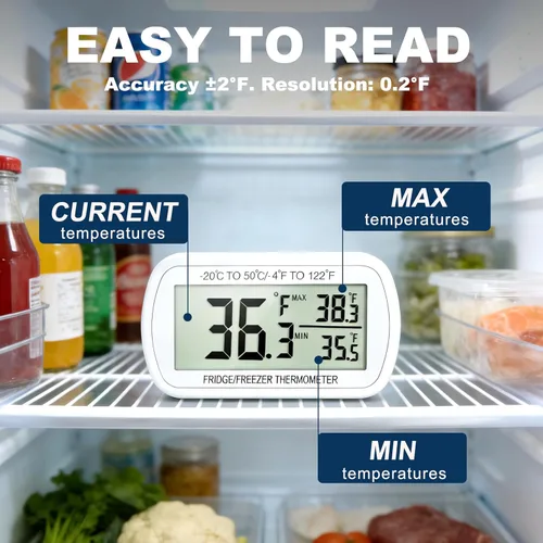 Vista 2 de Termómetro de refrigerador resistente al agua, termómetro digital para congelador, función de registro Max/Min, pantalla LCD grande y parte trasera