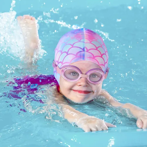 Vista 6 de Paquete de 2 gorros de natación impermeables de silicona para niños y niñas (3-8 años), diseño de sirena de unicornio, gorro de natación para niños