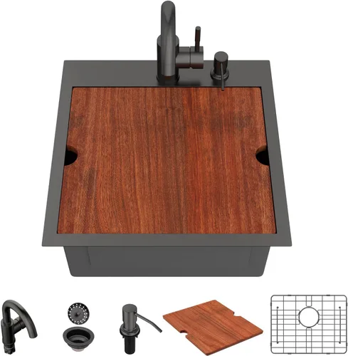 Vista 27 de Lordear - Fregadero de barra – Fregadero de barra dorado de 13 x 15 pulgadas con grifo dispensador de jabón, estación de trabajo, calibre 16 T304