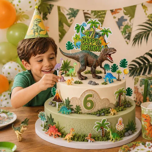 Vista 4 de Decoraciones de cumpleaños de dinosaurios, adornos de pastel de dinosaurio con árboles de huevos para fiesta de cumpleaños, fiesta temática