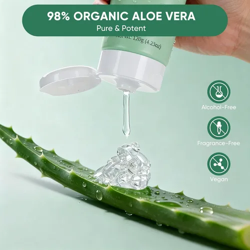 Vista 4 de Gel de aloe vera 98% orgánico, aloe puro hidratante natural para cara y brazos, gel de aloe calmante e hidratante para aliviar quemaduras solares