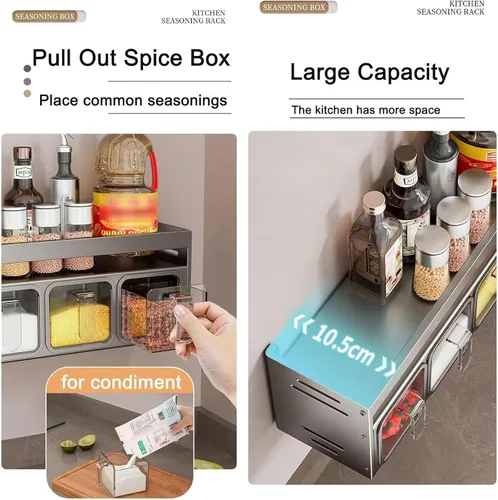 Vista 2 de Organizador de especias con 3 cajas – Estante fuerte montado en la pared/encimera para armario interior – Almacenamiento de hierbas de cocina