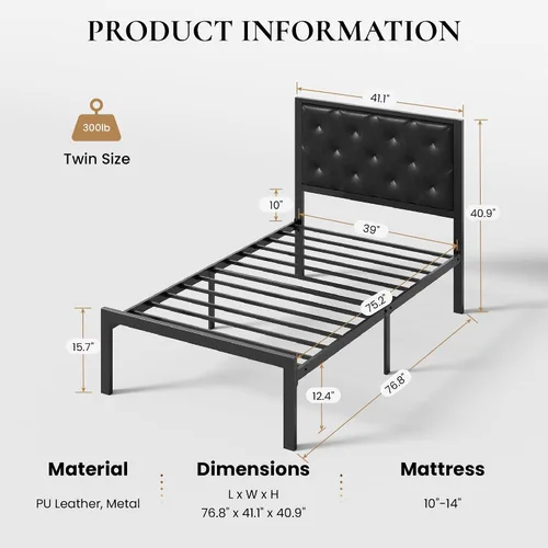 Vista 2 de SHA CERLIN Base de cama de plataforma tamaño individual con estructura de metal, cabecero tapizado de cuero PU con botones, base de colchón con 31.5