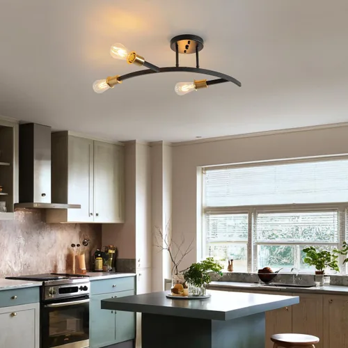 Vista 4 de Lámpara de Araña Sputnik Moderna Negra y Dorada de 3 Luces Semi Empotrada Luminaria de Techo para Entrada, Pasillo, Cocina, Dormitorio