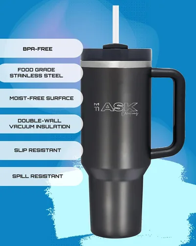 Vista 6 de Ask HydroQuench 2.0 - Vaso de viaje de acero inoxidable aislado con popote reutilizable y funda de silicona (40.0 fl oz), color negro