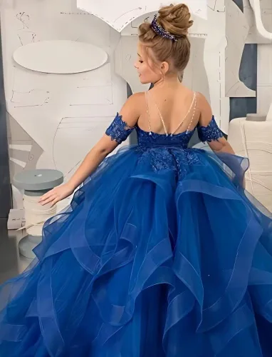 Vista 4 de MGHDZL Vestido de tul para niña, con apliques, vestidos de desfile para niñas, vestidos de niña de flores para boda, vestido de fiesta de princesa