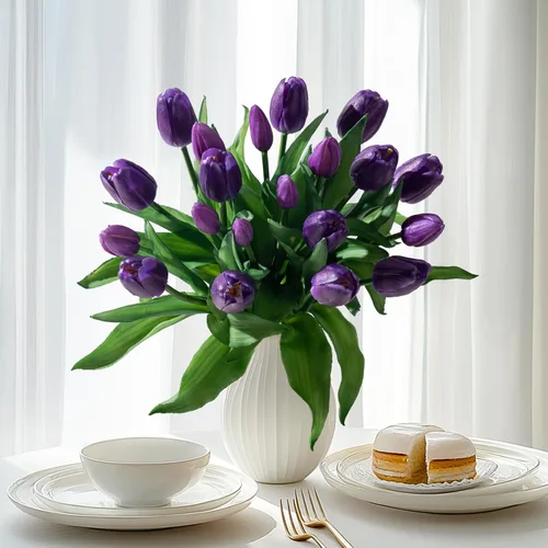 Vista 13 de Bailikang 20 piezas de tulipanes artificiales, flores de seda de tulipanes falsos, ramo artificial de PU, flores artificiales de imitación con caja