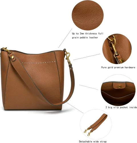 Vista 4 de DORIS&JACKY - Bolso hobo de cuero genuino estilo cubo para mujer, bolso de hombro de diseñador y bolso bandolera con correa ancha desmontable