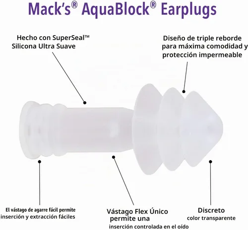 Vista 2 de Mack's AquaBlock - Tapones para los oídos de natación, 3 pares, impermeables, reutilizables, de silicona, para nadar, para bucear, ducharse