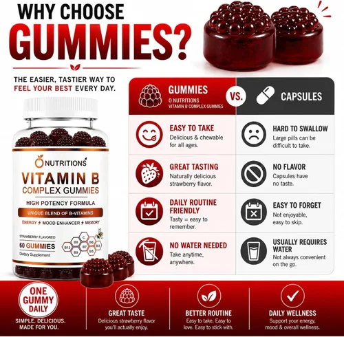 Vista 7 de O NUTRITIONS Gomitas veganas de complejo de vitamina B con vitamina B12, B7 como biotina, B6, B3 como niacina, B5, B6, B8, B9 como folato