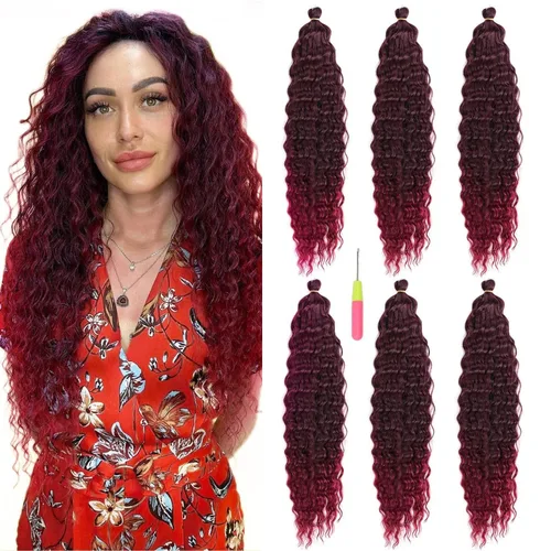 Vista 45 de Extensiones de cabello ondulado con ganchillo Ocean Wave de 18 pulgadas, 6 paquetes, extensiones de cabello de ganchillo sueltas de onda profunda #1B