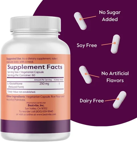 Vista 3 de BESTVITE L-glutatión 250mg (60 cápsulas vegetarianas) - Sin estearatos - Vegano - Sin OMG - Sin gluten