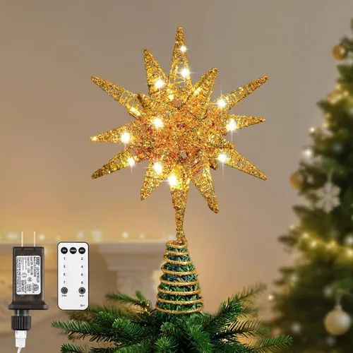 Vista 15 de Lewondr Decoración para árbol de Navidad, decoración de árbol de Navidad con forma de estrella en 3D con diseño de explosión de estrellas, control