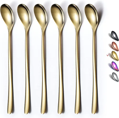 Vista 9 de Juego de agitador de café de acero inoxidable premium, mango largo, cucharas de té helado y crema, agitador de cóctel, juego de 6 (plateado)