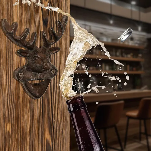 Vista 5 de Abrebotellas de pared con calavera de ciervo - Abrebotellas de hierro fundido con cuernos de cabeza de ciervo para cocina, cueva de hombre