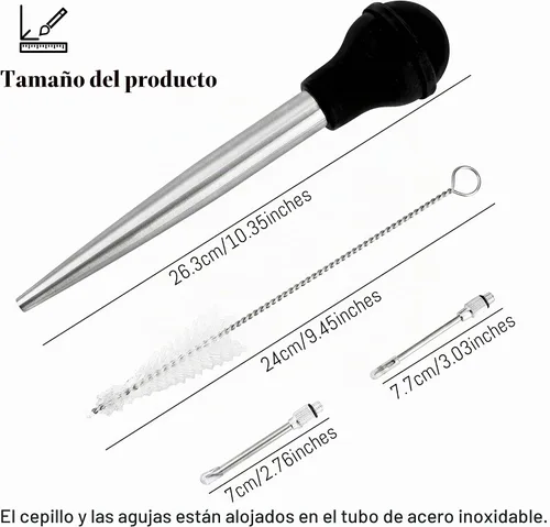Vista 2 de Baster de Pavo para Cocinar, Inyector de Carne Grande de Acero Inoxidable, con Cepillo de Limpieza y 2 Agujas de Adobar, Negro