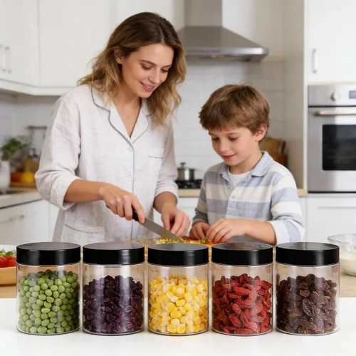Vista 6 de Paquete de 12 tarros de plástico de 8 onzas con tapas, recipientes de almacenamiento transparentes de boca ancha con tapas negras, tarros